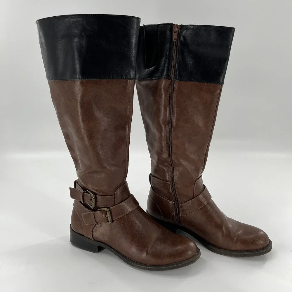 Nine West‎ Riding Boot Women 6.5 M Brown and Black Tall Strap Zip Buckle Leorawm